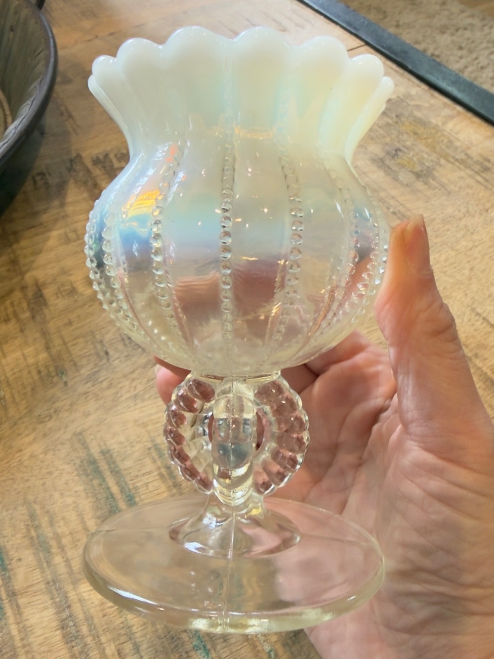 GLOWS! Rare, Vintage Northwood Opalescent Beaded Panels Pattern Compote/Vase - Picture 2 of 7